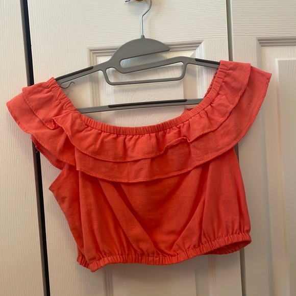 4SI3NNA Tops - Orange Off the Shoulder Cropped Top